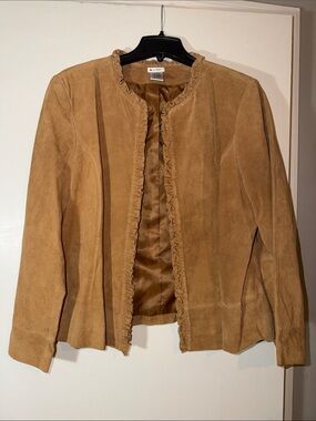 Vintage Units Camel Suede Ruffle-Trim Leather Jacket